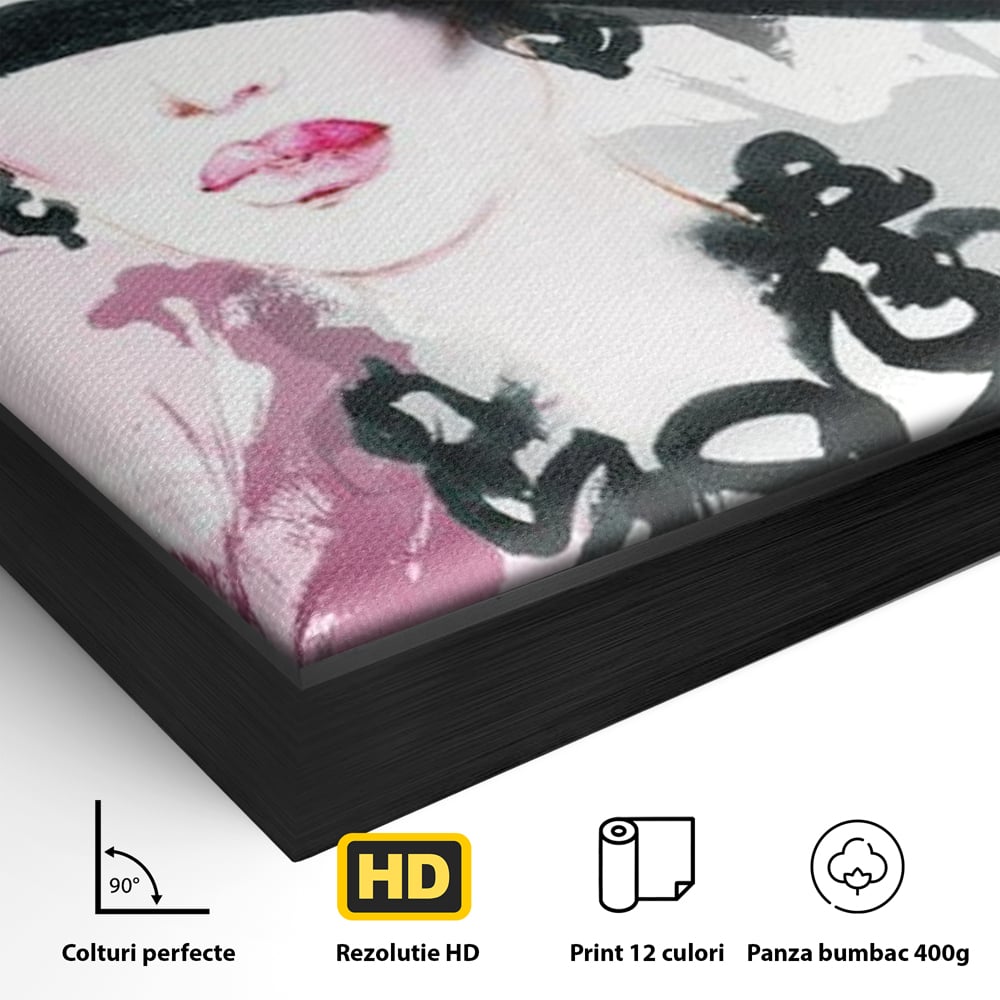 Detaliu al suprafetei: ilustratie digitala cu femeie eleganta cu palarie si colier, in rama de aluminiu negru