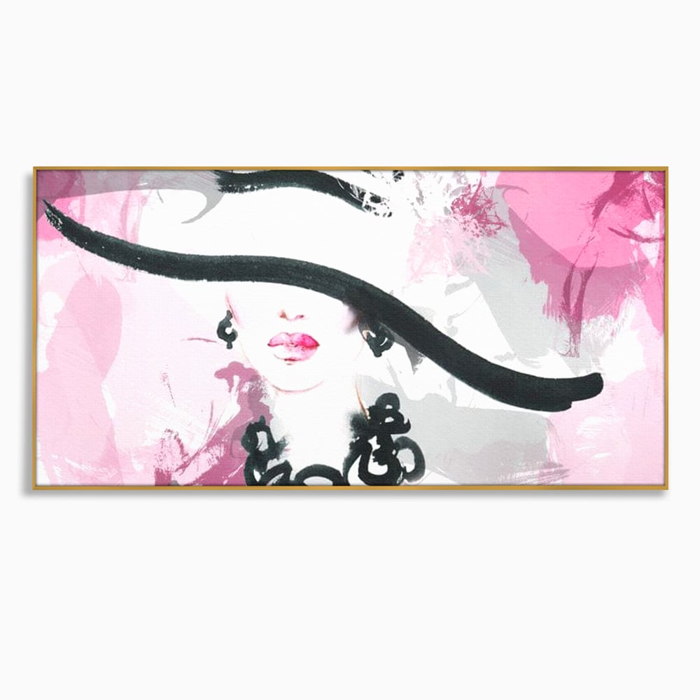 Tablou canvas cu ilustratie digitala cu femeie eleganta cu palarie si colier, in rama de aluminiu auriu