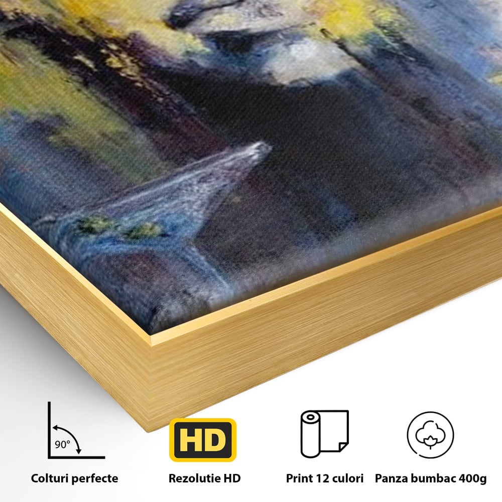 Detaliu al suprafetei: tablou canvas cu femeie si pahar de martini, in rama de aluminiu auriu