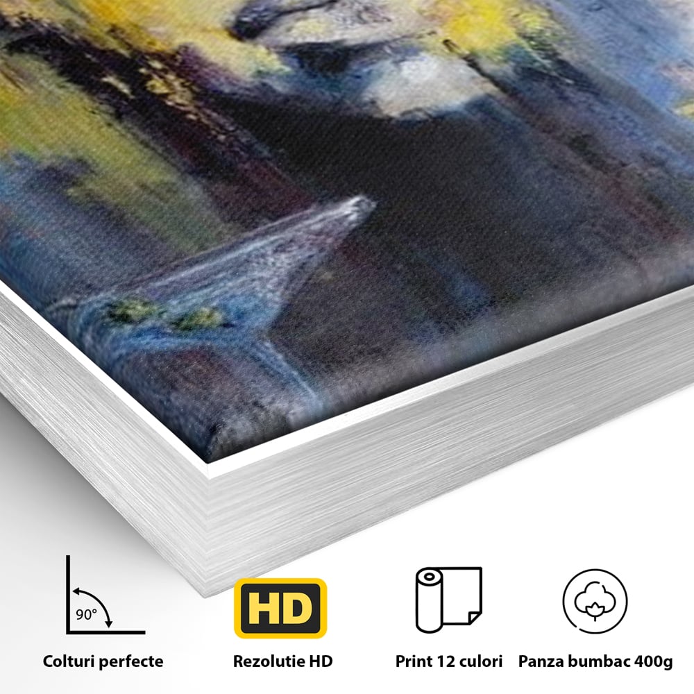 Detaliu al suprafetei: tablou canvas cu femeie si pahar de martini, in rama de aluminiu argintiu