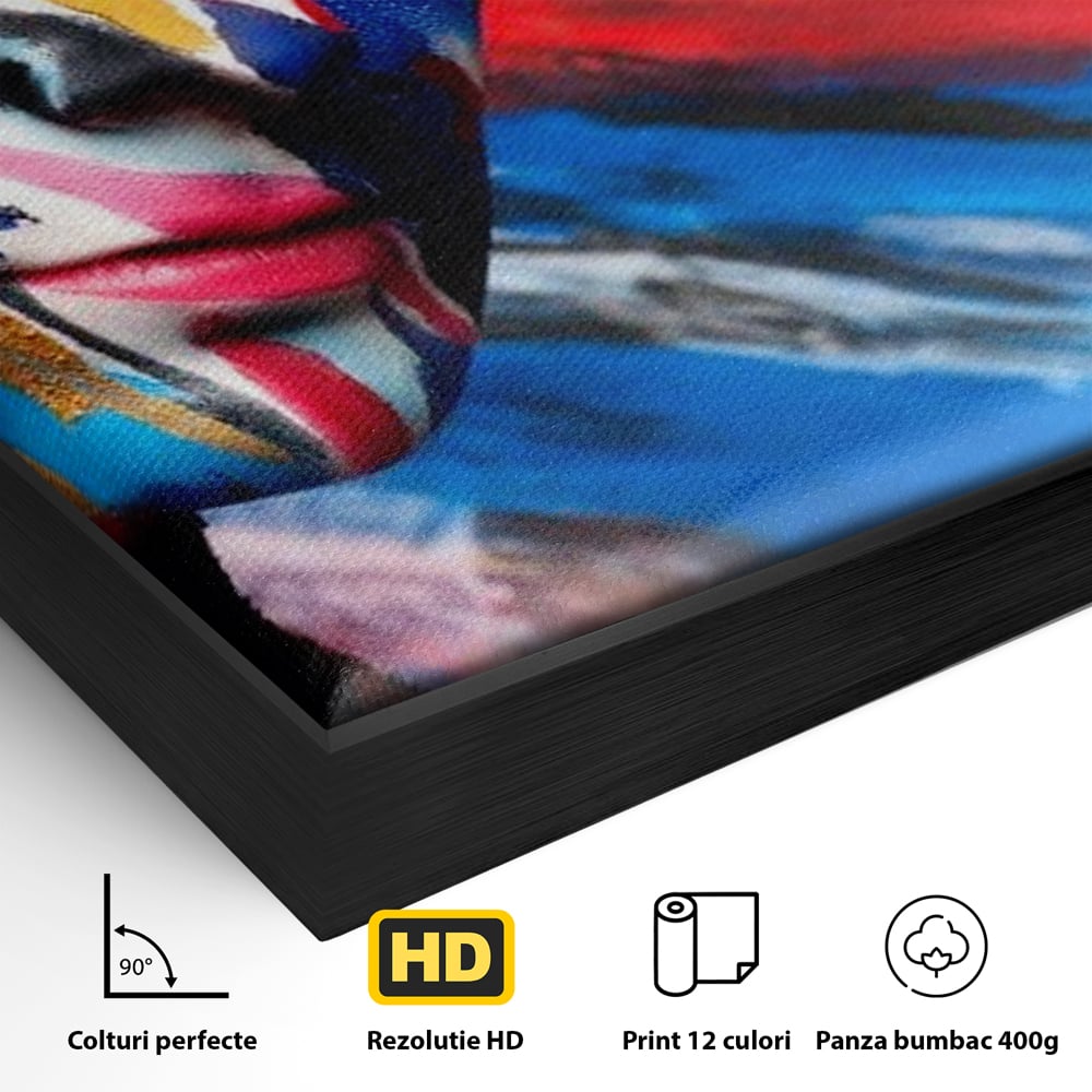 Detaliu al suprafetei: tablou canvas cu fata de femeie pictata, in rama de aluminiu negru