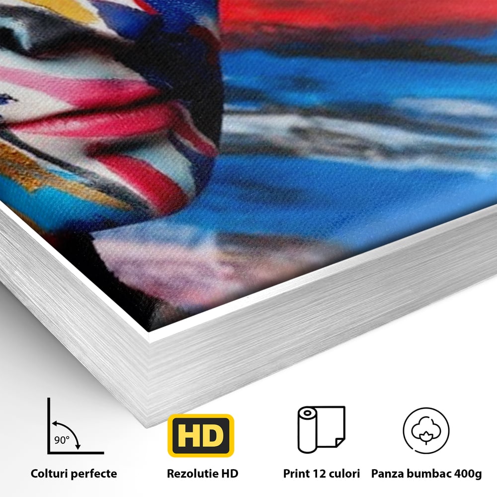 Detaliu al suprafetei: tablou canvas cu fata de femeie pictata, in rama de aluminiu argintiu