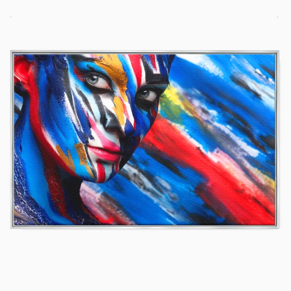 Tablou canvas cu tablou canvas cu fata de femeie pictata, in rama de aluminiu argintiu