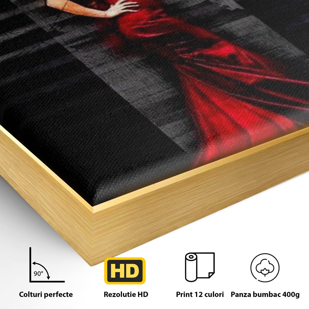 Detaliu al suprafetei: tablou canvas cu femeie in rochie rosie, in rama de aluminiu auriu