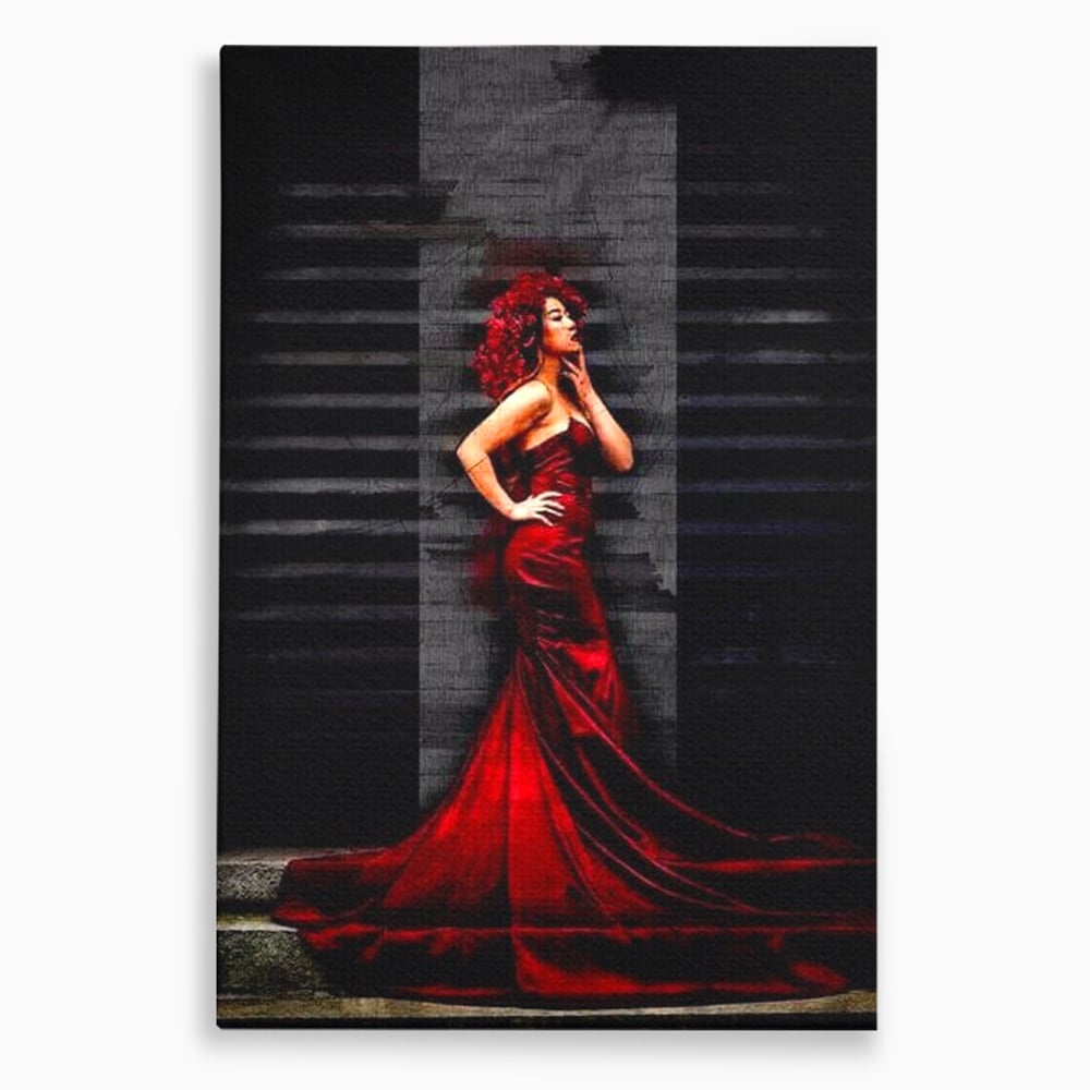 Tablou canvas cu tablou canvas cu femeie in rochie rosie, fara rama, pe sasiu de lemn