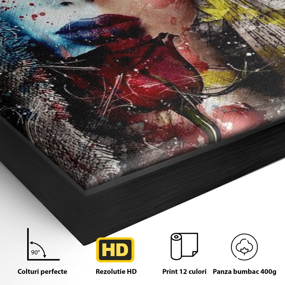 Detaliu al suprafetei: tablou canvas cu portret de femeie si trandafir rosu, in rama de aluminiu negru