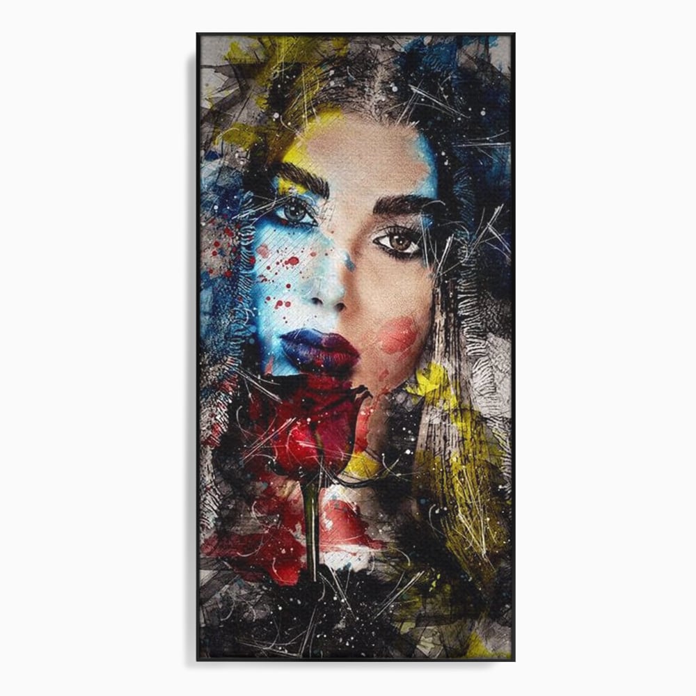 Tablou canvas cu tablou canvas cu portret de femeie si trandafir rosu, in rama de aluminiu negru