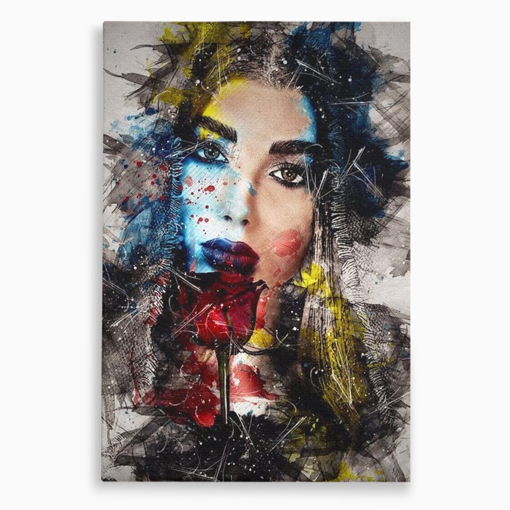 Tablou canvas cu tablou canvas cu portret de femeie si trandafir rosu, fara rama, pe sasiu de lemn
