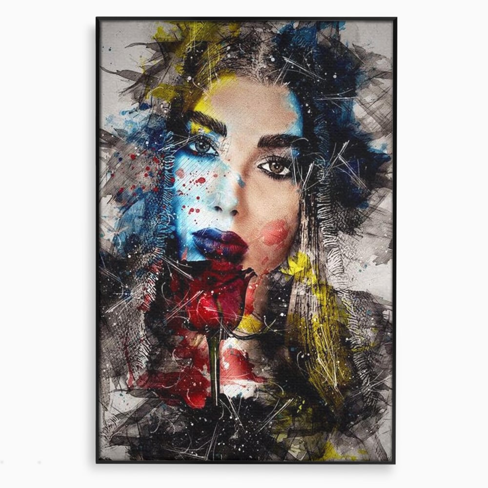 Tablou canvas cu tablou canvas cu portret de femeie si trandafir rosu, in rama de aluminiu negru