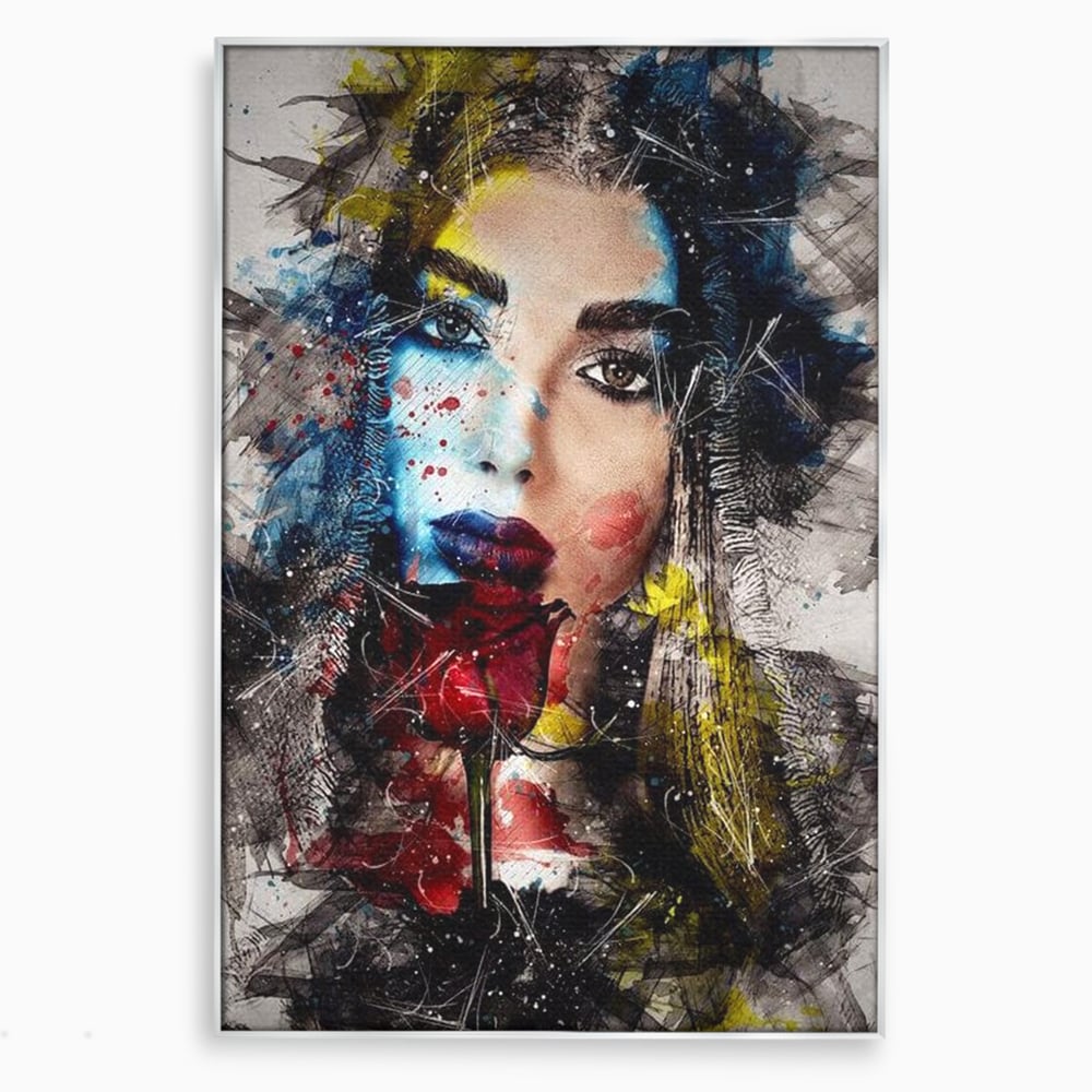 Tablou canvas cu tablou canvas cu portret de femeie si trandafir rosu, in rama de aluminiu argintiu