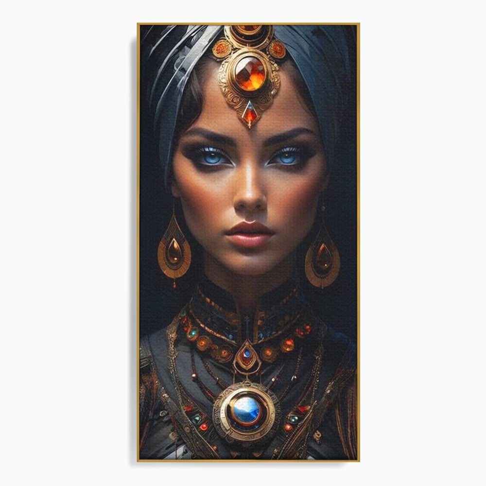 Tablou canvas cu portret de femeie cu turbant si bijuterii, in rama de aluminiu auriu