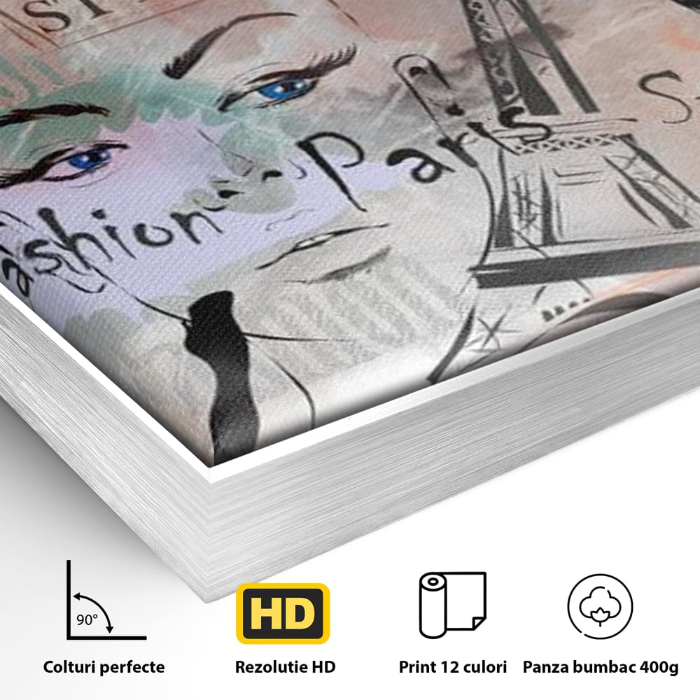 Detaliu al suprafetei: ilustratia digitala cu tematica fashion, in rama de aluminiu argintiu
