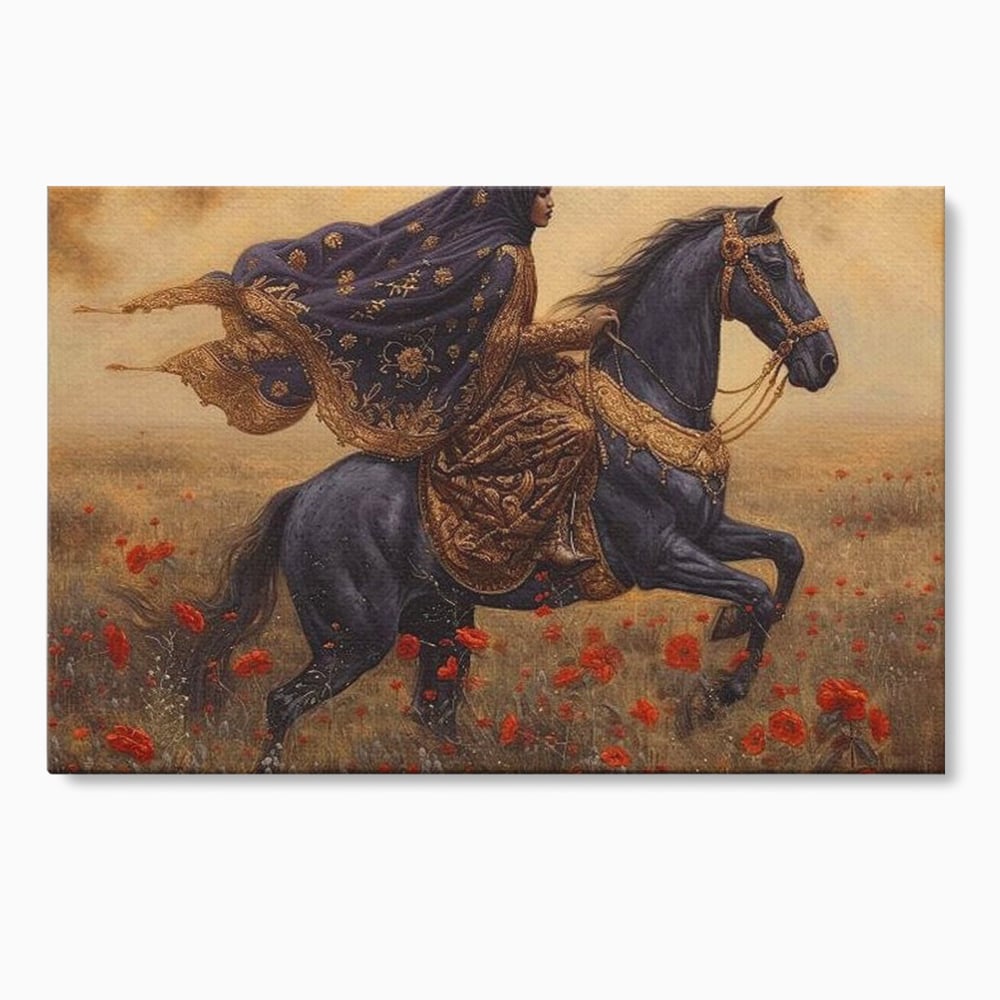 Tablou canvas cu printesa pe armasar negru in camp de maci, fara rama, pe sasiu de lemn