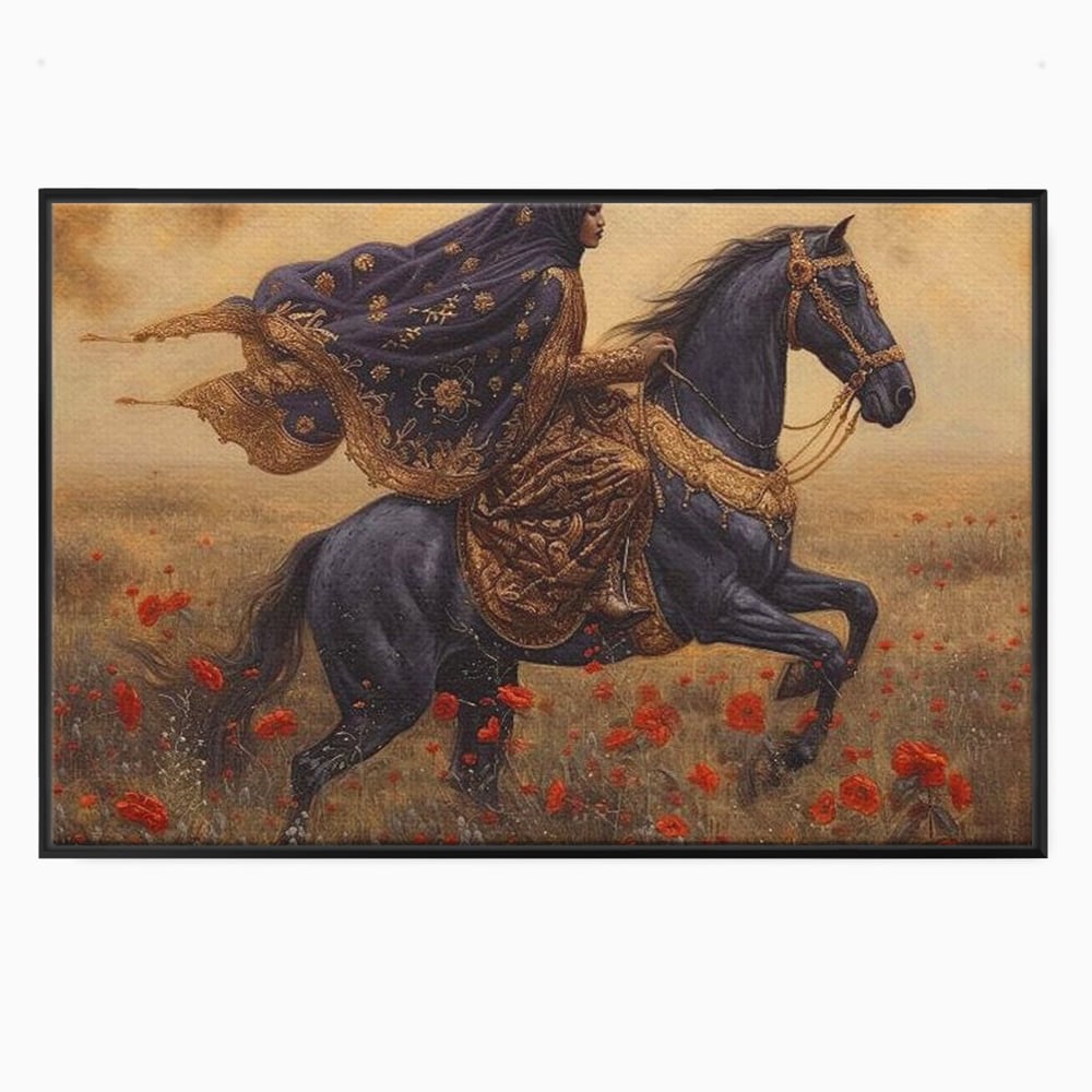 Tablou canvas cu printesa pe armasar negru in camp de maci, in rama de aluminiu negru