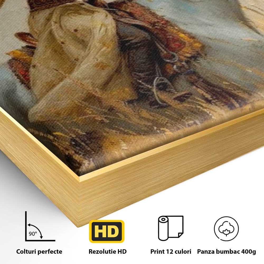 Detaliu al suprafetei: tablou canvas cu femeie calare, in rama de aluminiu auriu