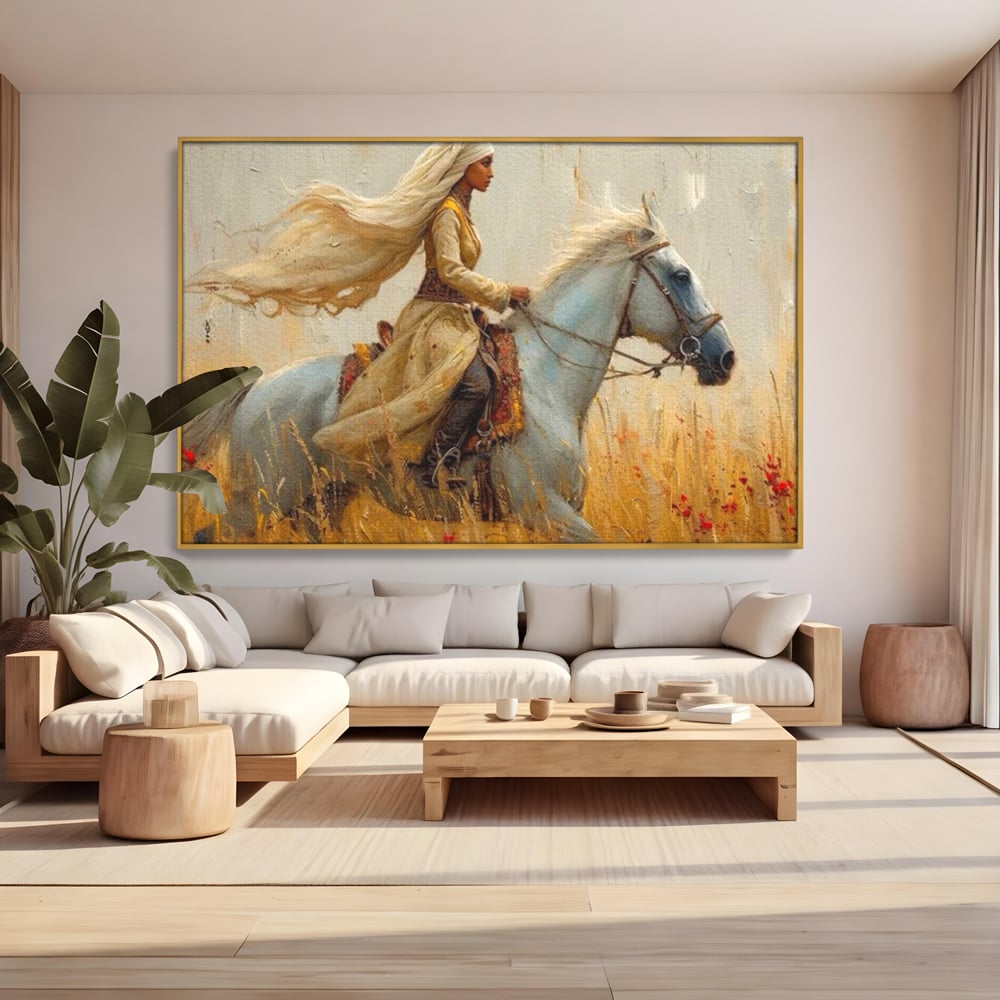Tablou canvas cu tablou canvas cu femeie calare, in rama de aluminiu auriu, pe perete intr-un living