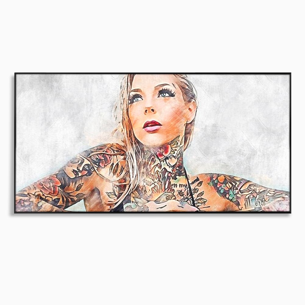 Tablou canvas cu tablou canvas cu femeie tatuata, in rama de aluminiu negru