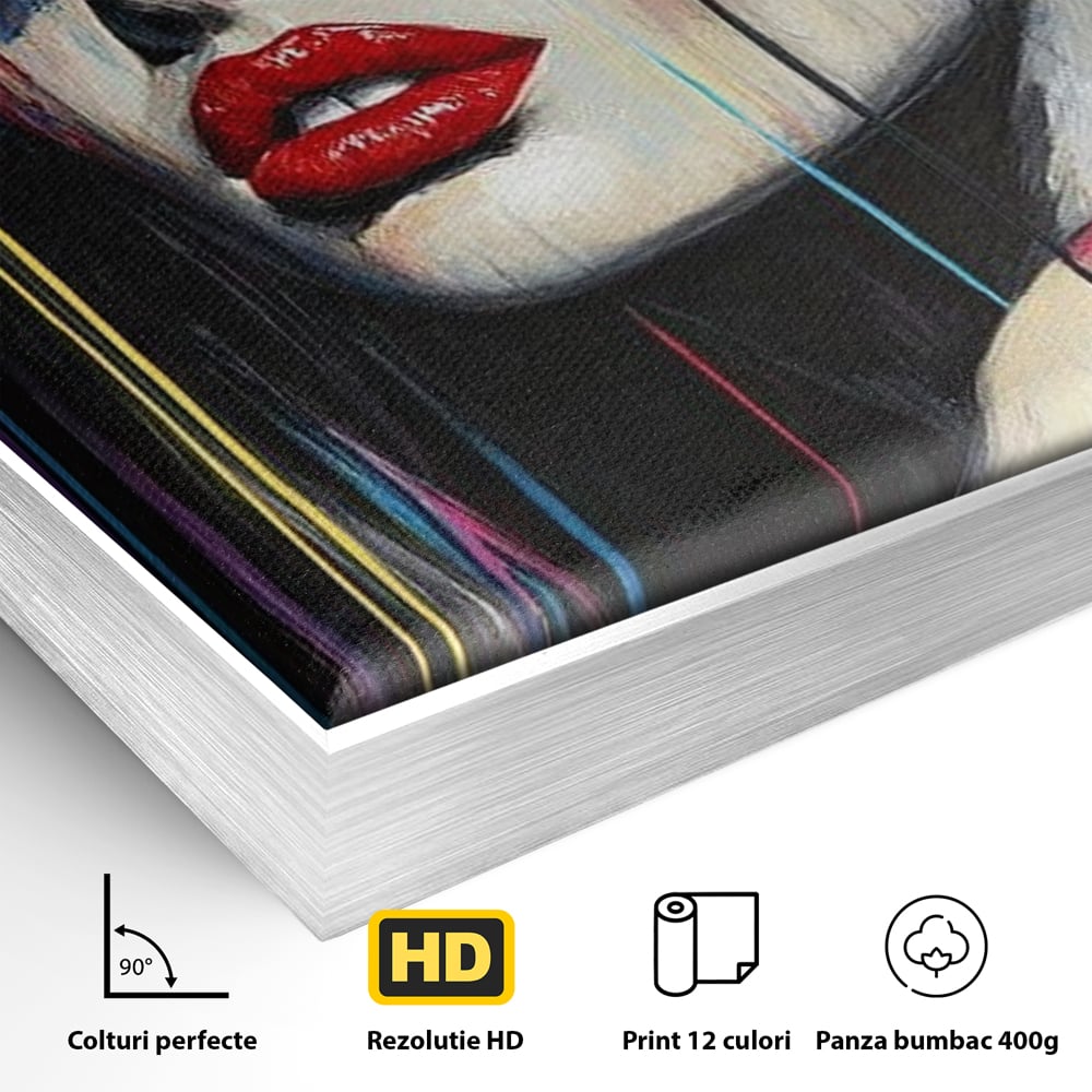 Detaliu al suprafetei: tablou canvas cu portret de femeie si buze rosii, in rama de aluminiu argintiu