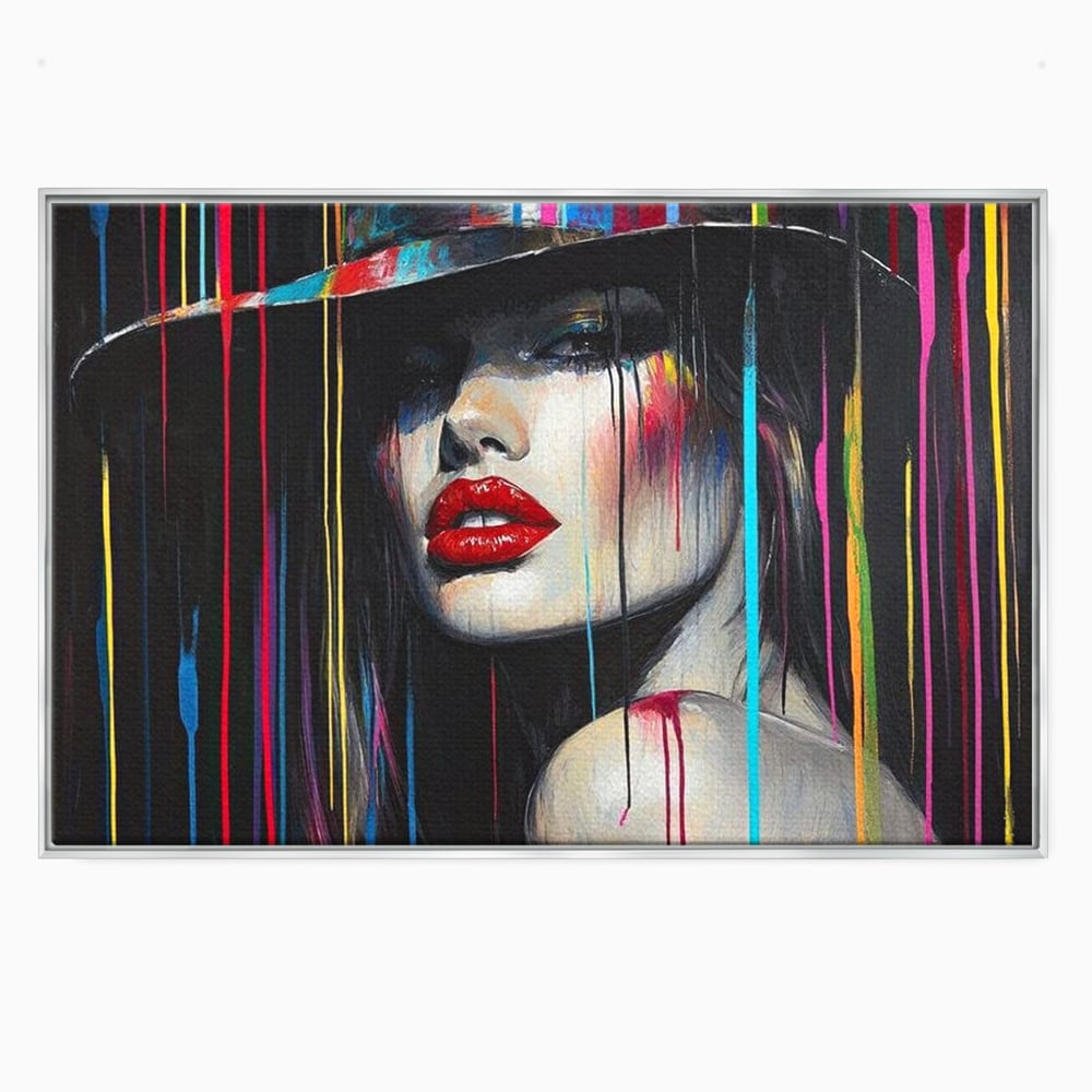 Tablou canvas cu tablou canvas cu portret de femeie si buze rosii, in rama de aluminiu argintiu