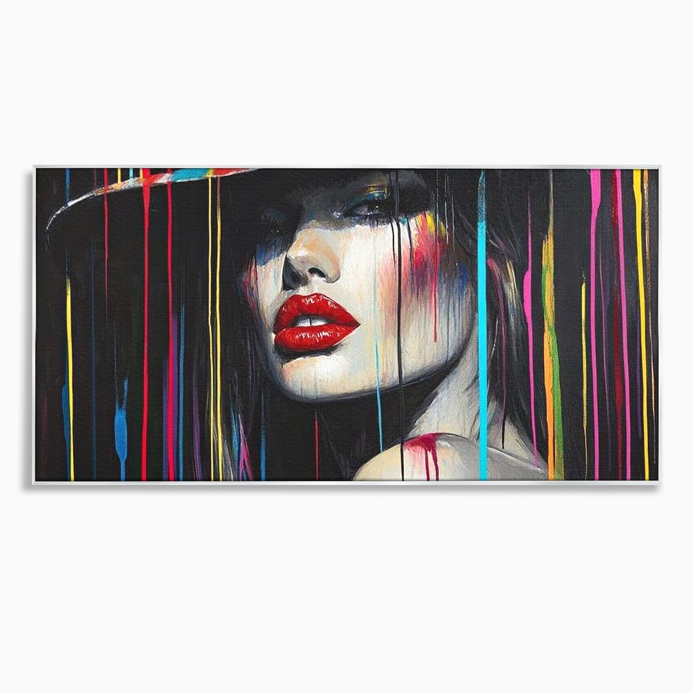 Tablou canvas cu tablou canvas cu portret de femeie si buze rosii, in rama de aluminiu argintiu