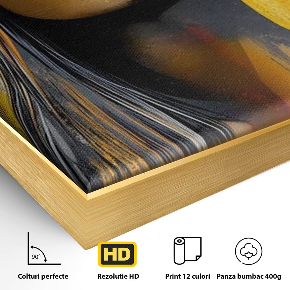 Detaliu al suprafetei: tablou canvas cu portret de femeie ochelari de soare, in rama de aluminiu auriu
