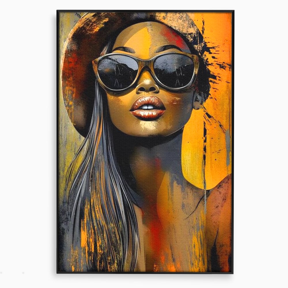 Tablou canvas cu tablou canvas cu portret de femeie ochelari de soare, in rama de aluminiu negru