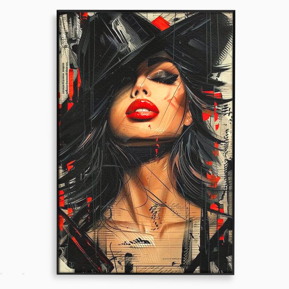 Tablou canvas cu tablou canvas cu portret stilizat de femeie, in rama de aluminiu negru
