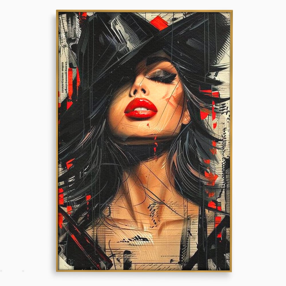 Tablou canvas cu tablou canvas cu portret stilizat de femeie, in rama de aluminiu auriu