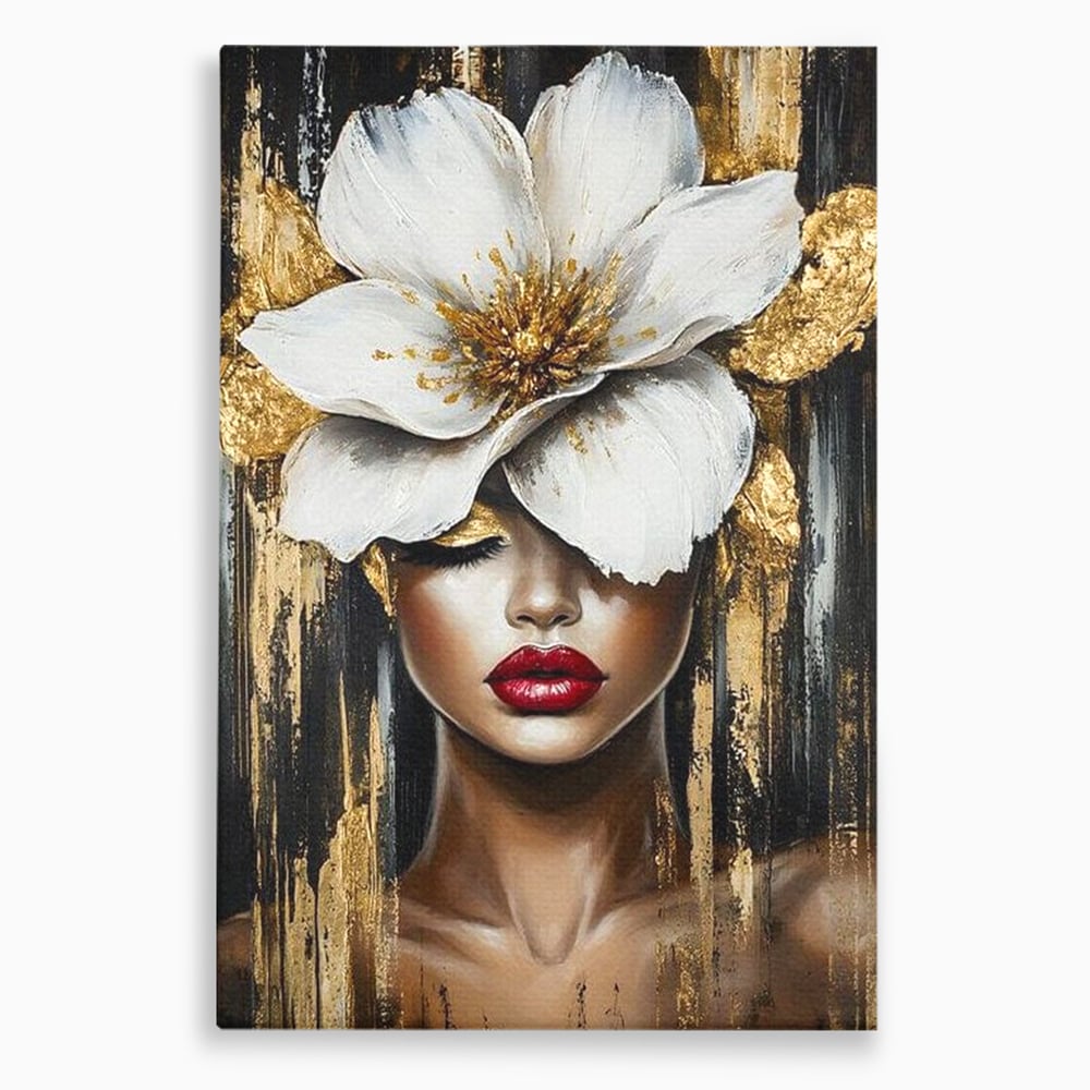 Tablou canvas cu tablou canvas cu portret de femeie si floare, fara rama, pe sasiu de lemn