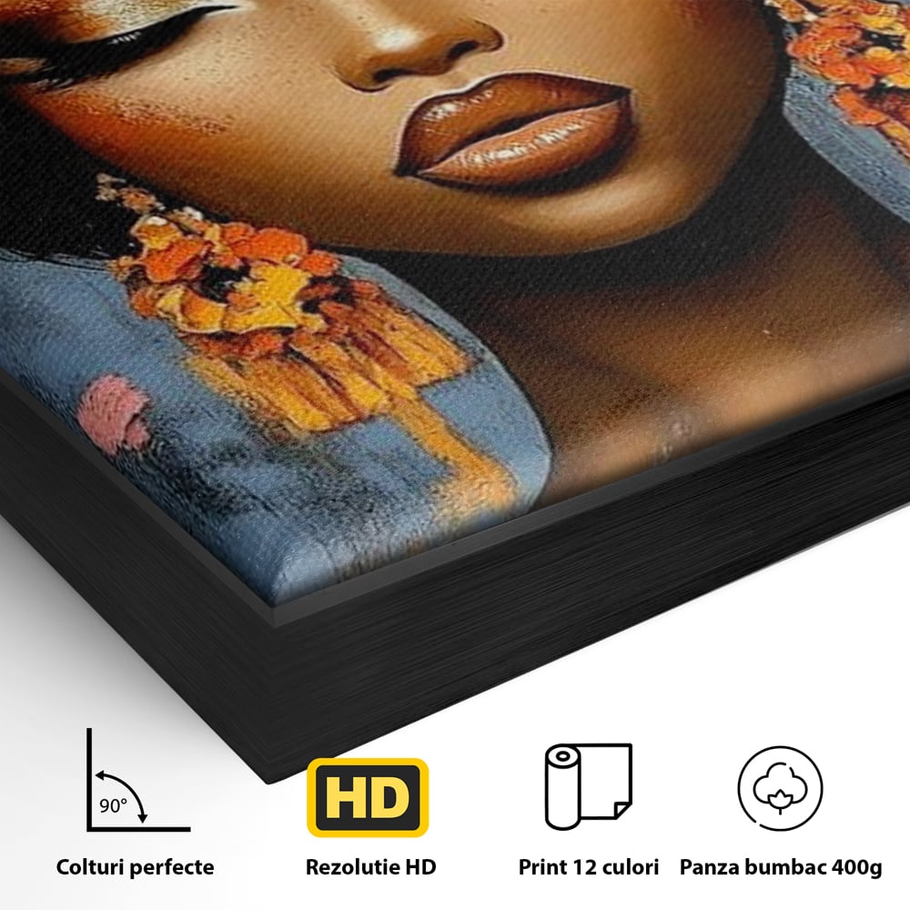 Detaliu al suprafetei: tablou canvas cu portret de femeie si flori, in rama de aluminiu negru
