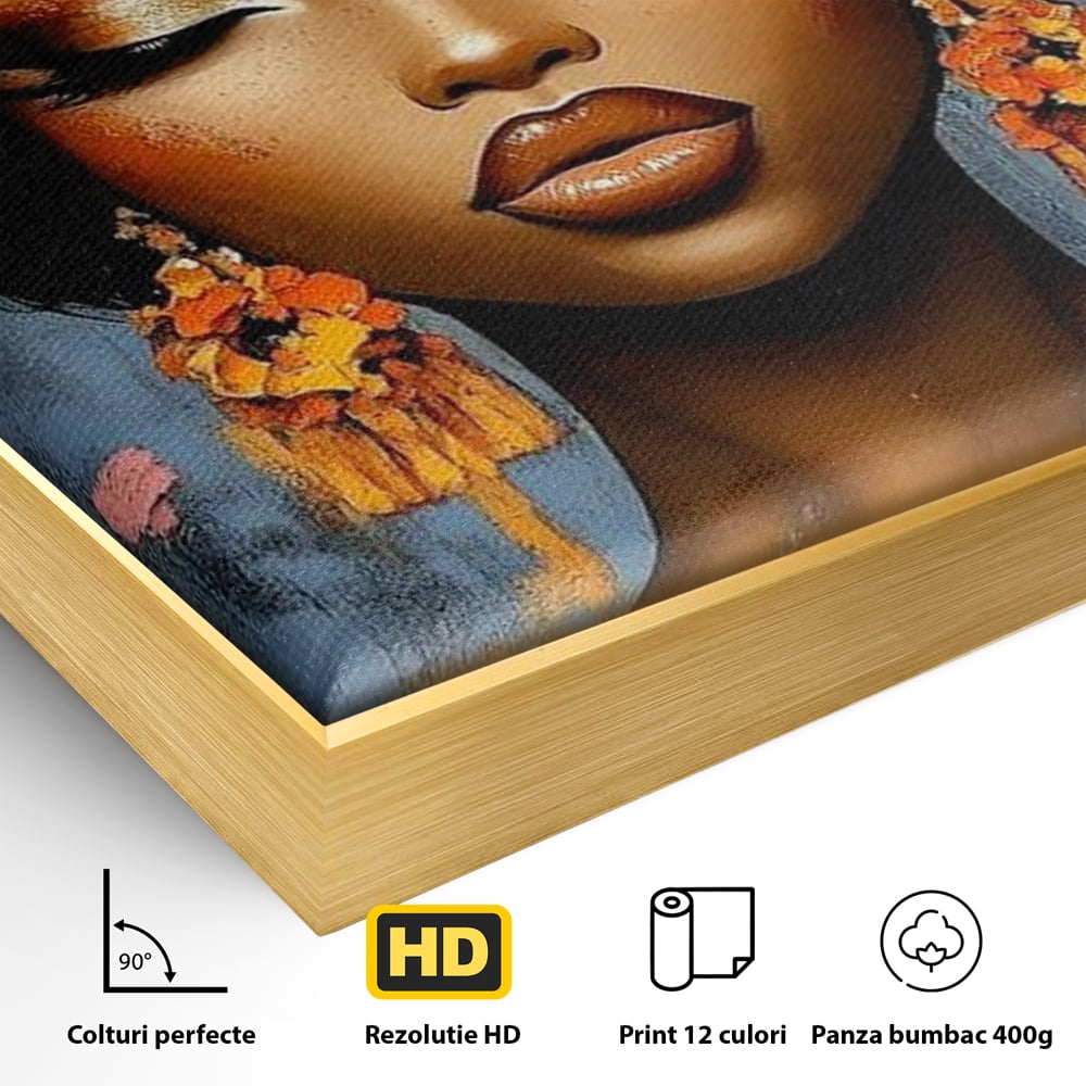 Detaliu al suprafetei: tablou canvas cu portret de femeie si flori, in rama de aluminiu auriu