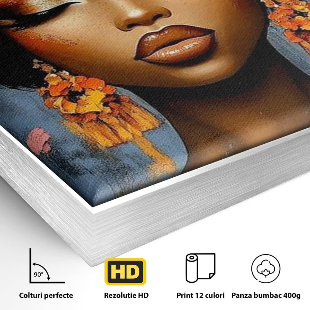 Detaliu al suprafetei: tablou canvas cu portret de femeie si flori, in rama de aluminiu argintiu