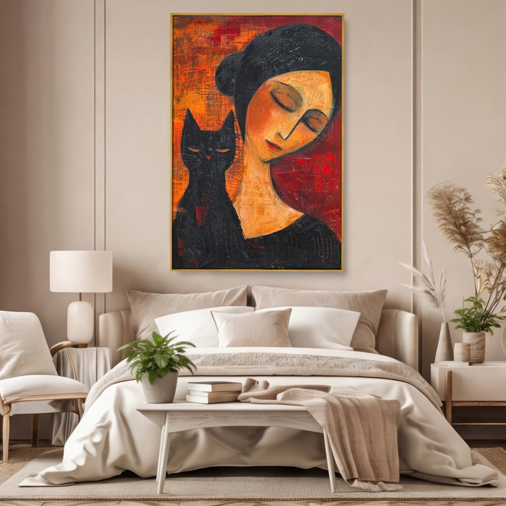 Tablou canvas cu pictura cu femeie si pisica neagra, in rama de aluminiu auriu, pe perete intr-un dormitor