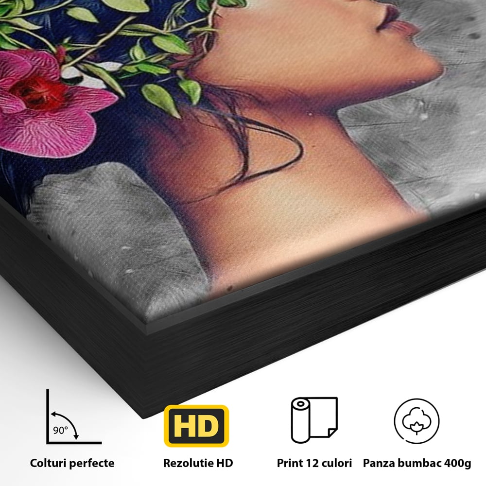 Detaliu al suprafetei: tablou canvas cu portret de femeie si colibri, in rama de aluminiu negru