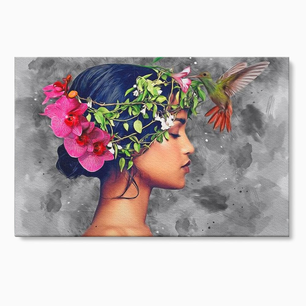 Tablou canvas cu tablou canvas cu portret de femeie si colibri, fara rama, pe sasiu de lemn