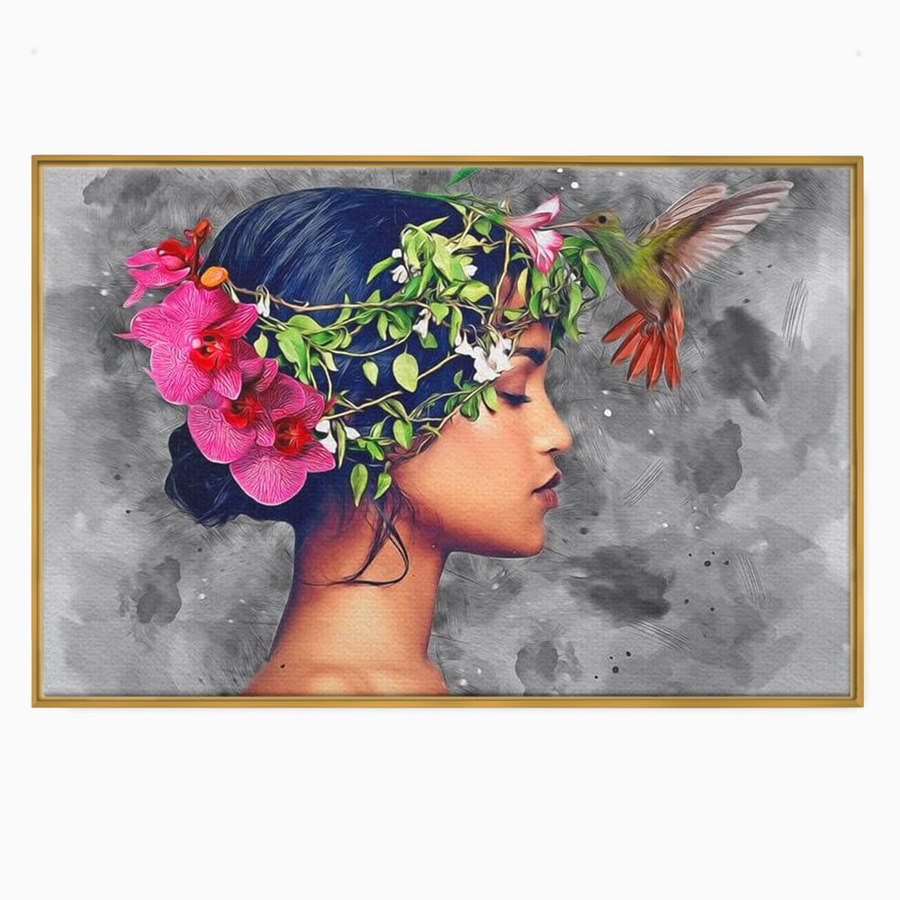 Tablou canvas cu tablou canvas cu portret de femeie si colibri, in rama de aluminiu auriu