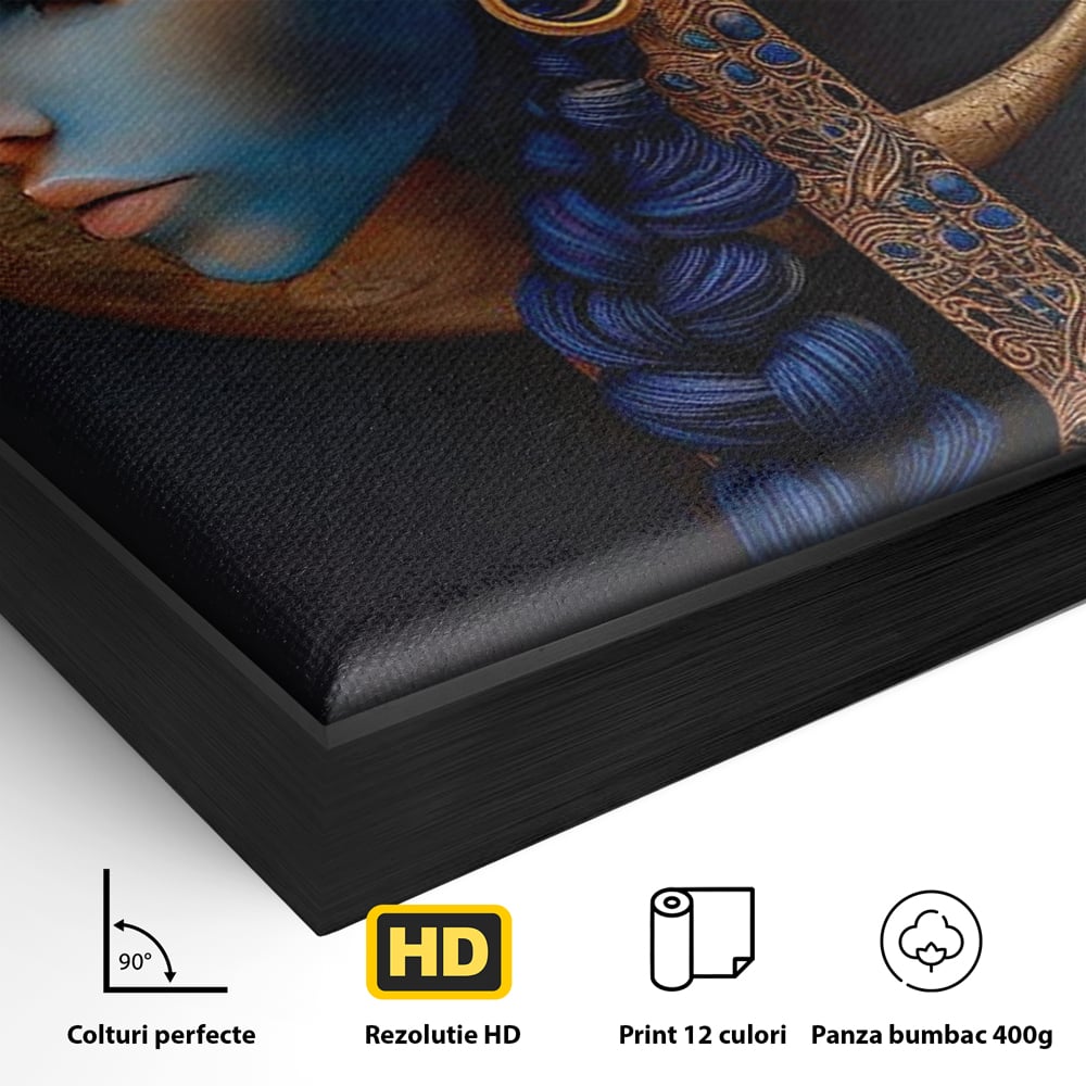 Detaliu al suprafetei: tablou canvas portret de femeie albastra, in rama de aluminiu negru