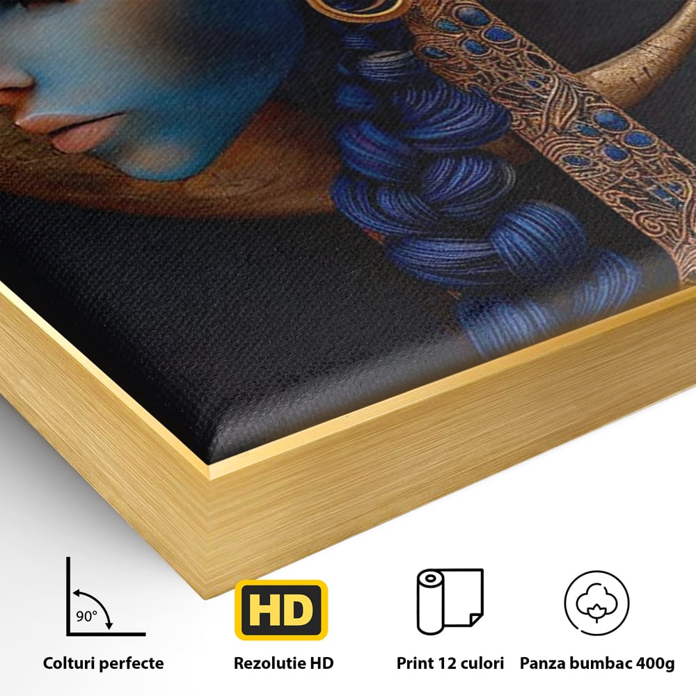 Detaliu al suprafetei: tablou canvas portret de femeie albastra, in rama de aluminiu auriu