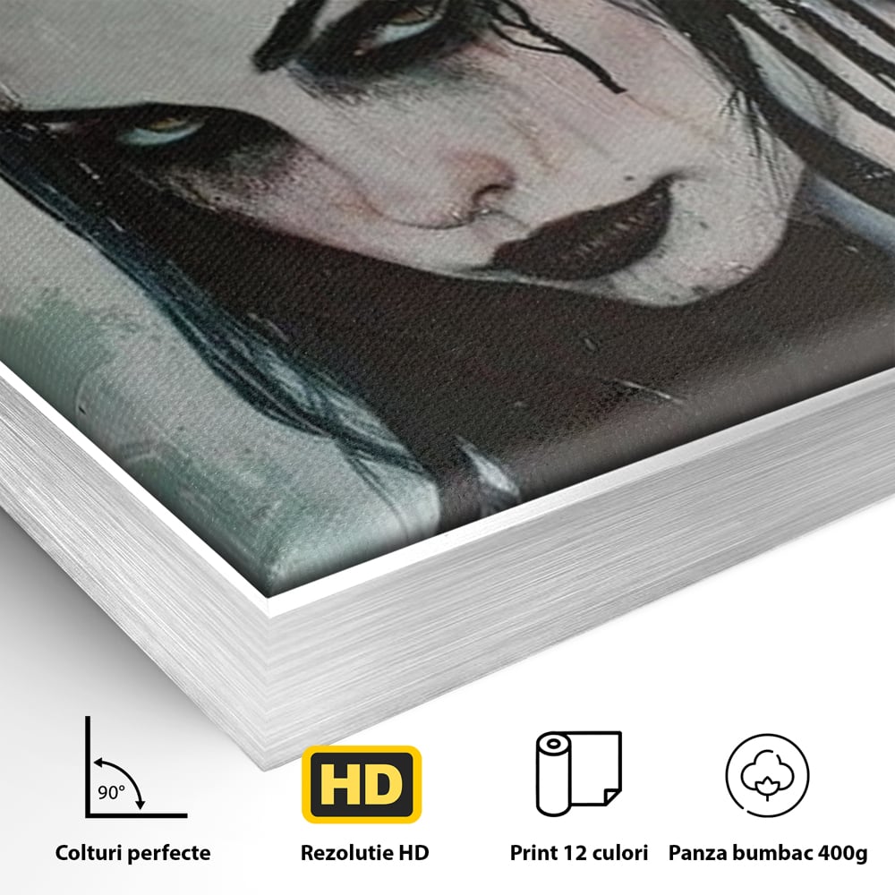 Detaliu al suprafetei: tablou canvas cu portret gotic feminin, in rama de aluminiu argintiu