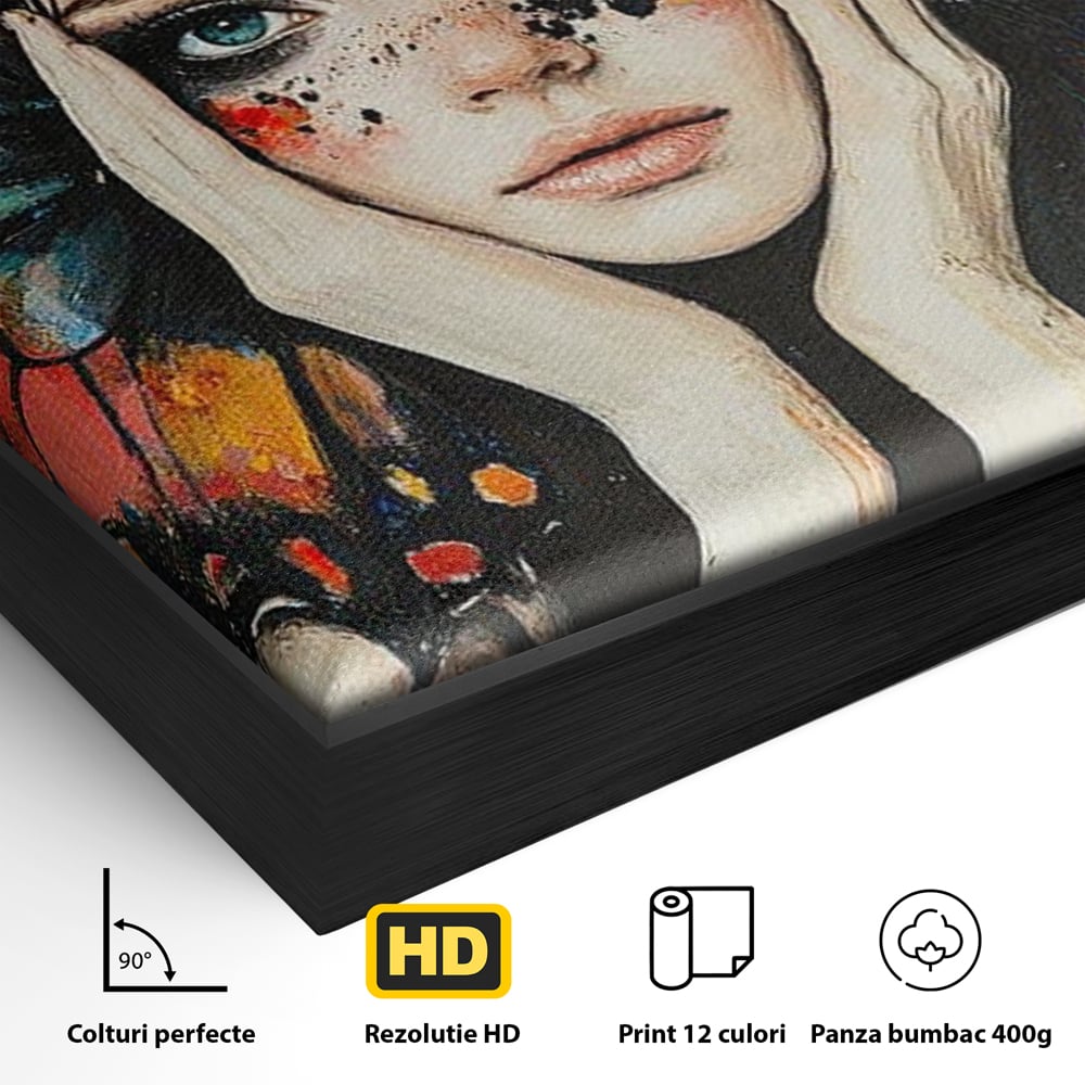 Detaliu al suprafetei: tablou canvas cu femeie si aripi de fluture, in rama de aluminiu negru