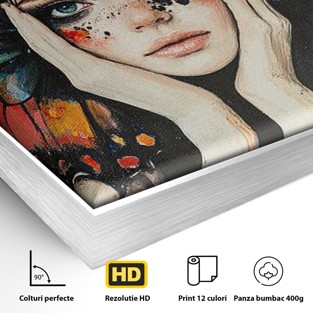 Detaliu al suprafetei: tablou canvas cu femeie si aripi de fluture, in rama de aluminiu argintiu