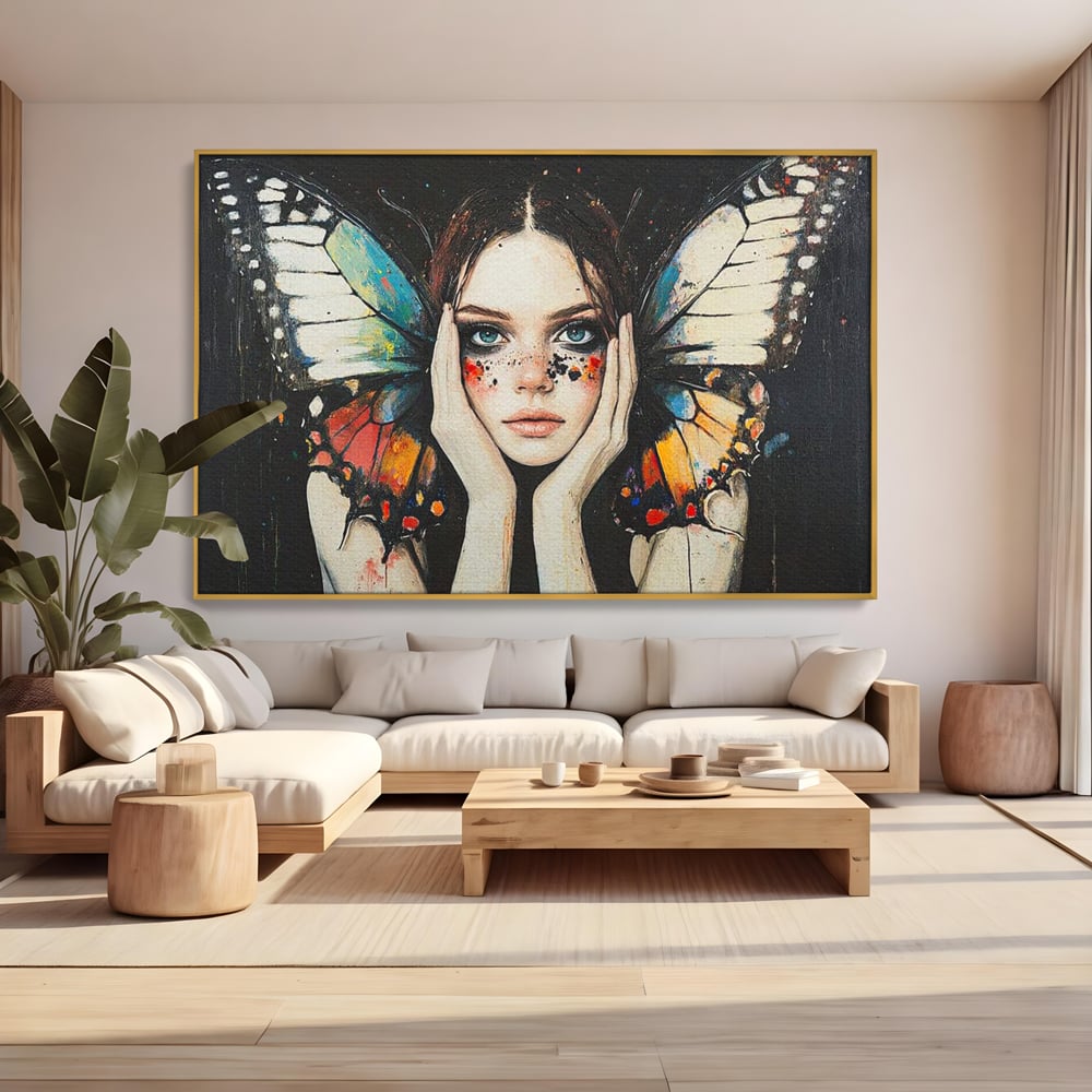 Tablou canvas cu tablou canvas cu femeie si aripi de fluture, in rama de aluminiu auriu, pe perete intr-un living
