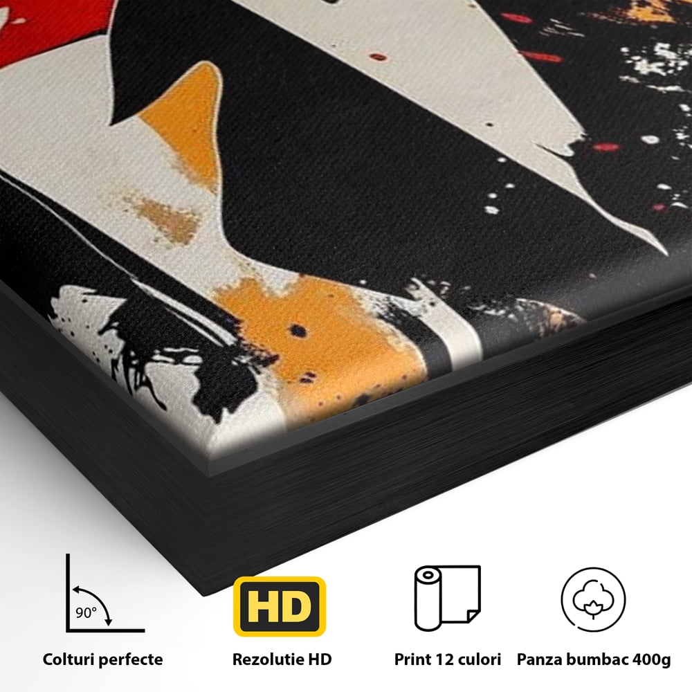 Detaliu al suprafetei: tablou canvas cu portret de femeie stilizat, in rama de aluminiu negru