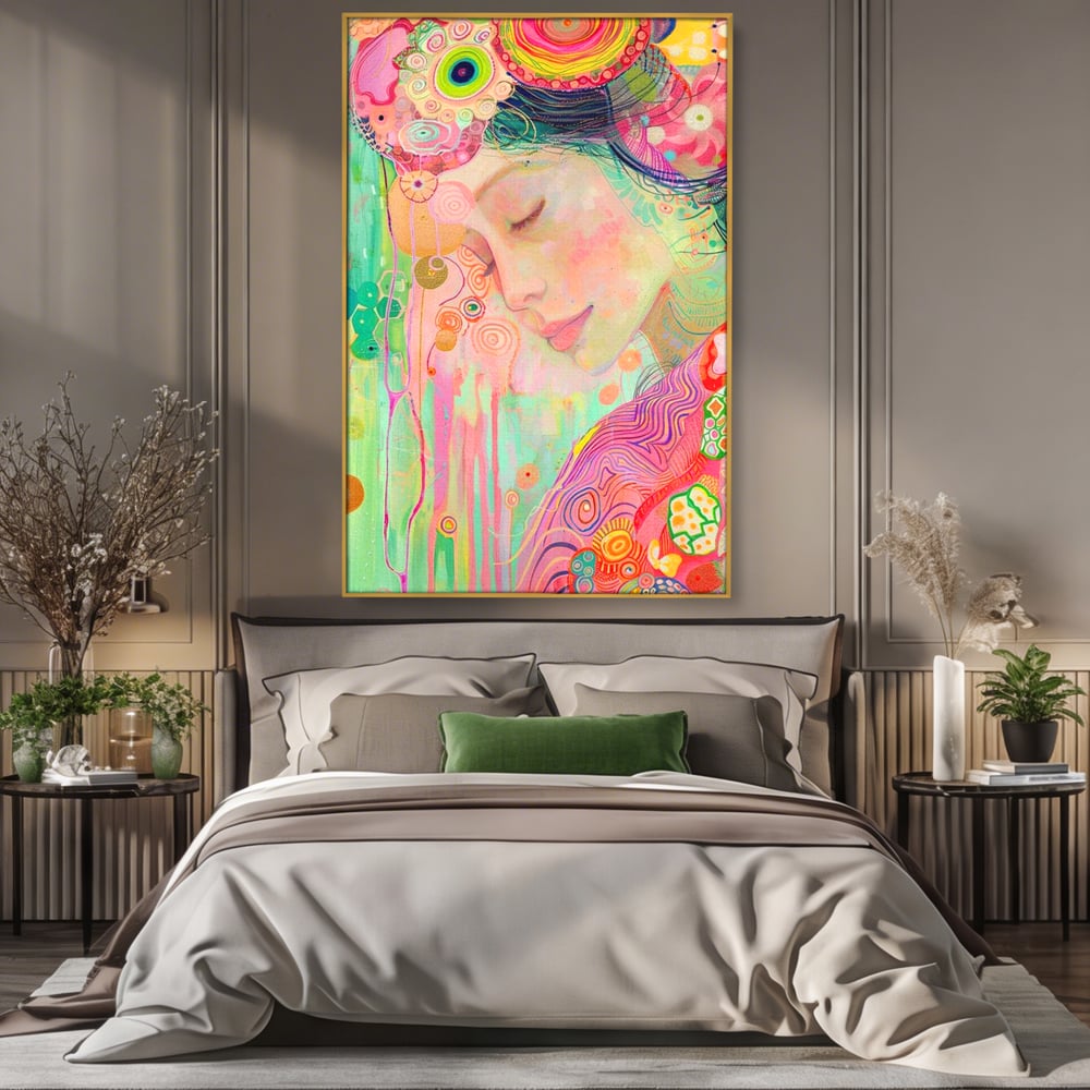 Tablou canvas cu tablou canvas cu portret de zana, in rama de aluminiu auriu, pe perete intr-un dormitor