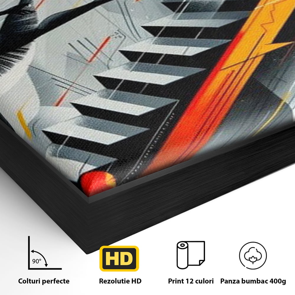Detaliu al suprafetei: tablou canvas cu balerina pe scari si cosmos, in rama de aluminiu negru