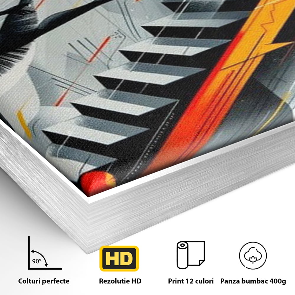 Detaliu al suprafetei: tablou canvas cu balerina pe scari si cosmos, in rama de aluminiu argintiu