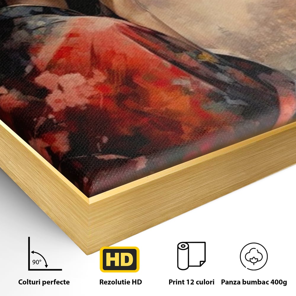 Detaliu al suprafetei: tablou canvas cu gheisa in kyoto, in rama de aluminiu auriu