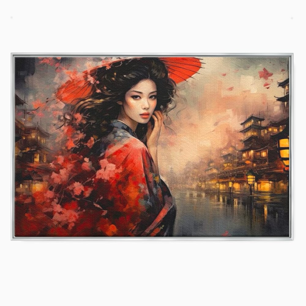 Tablou canvas cu tablou canvas cu gheisa in kyoto, in rama de aluminiu argintiu