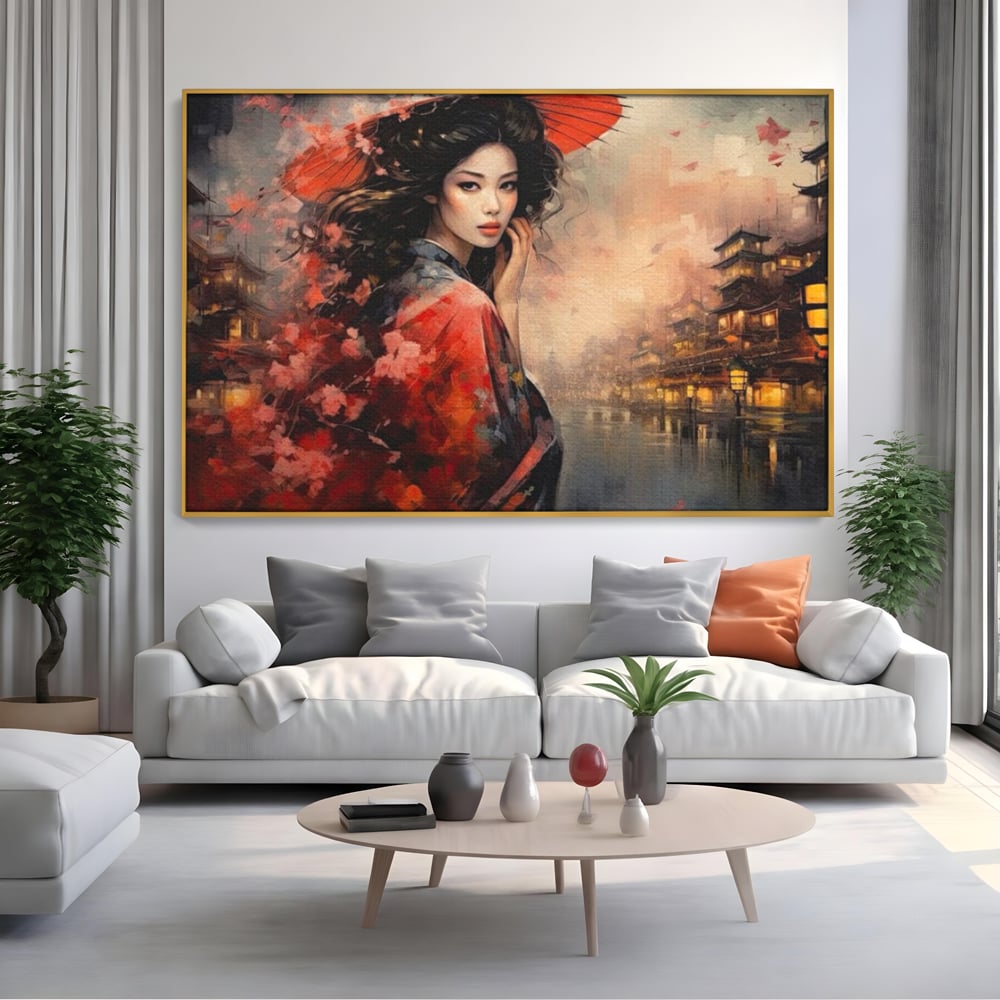 Tablou canvas cu tablou canvas cu gheisa in kyoto, in rama de aluminiu auriu, pe perete intr-un living