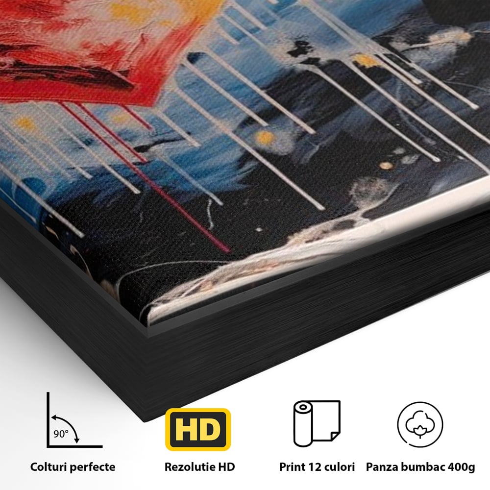 Detaliu al suprafetei: tablou canvas cu femeie si inima uriasa, in rama de aluminiu negru